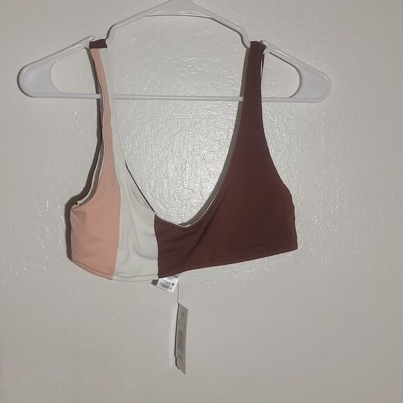 L * Space  by Monica Wise Swimsuit Top L NWT Color Block Ibiza Brown Pink White - Picture 3 of 8